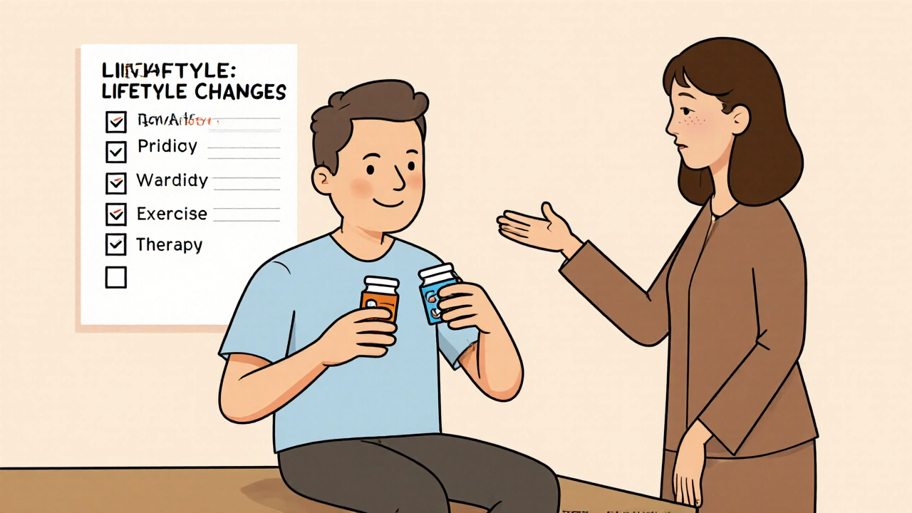 A man consulting a therapist, holding separate pills for ED and PE with lifestyle tips visible.