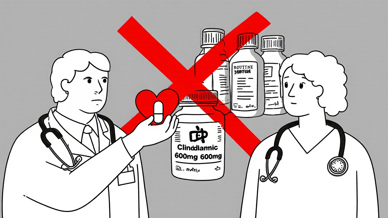 A pharmacist giving a clindamycin pill to a patient with a heart stethoscope, antibiotics crossed out behind.