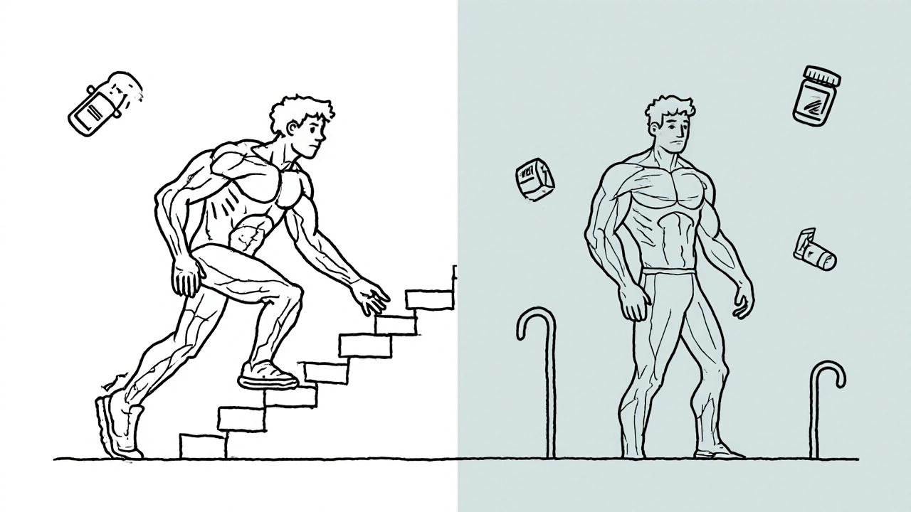 Before and after: person struggling to climb stairs versus standing strong after stopping medication.