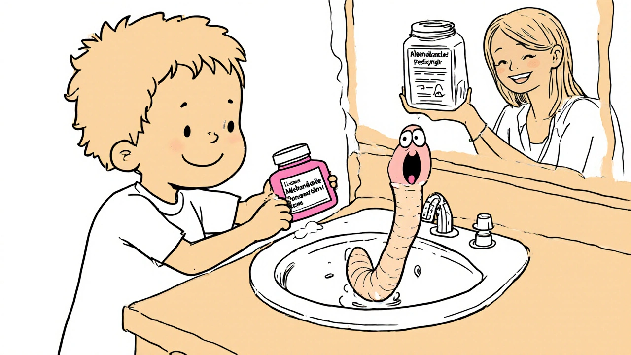 Child taking mebendazole while a pinworm is flushed away, parent nearby with prescription