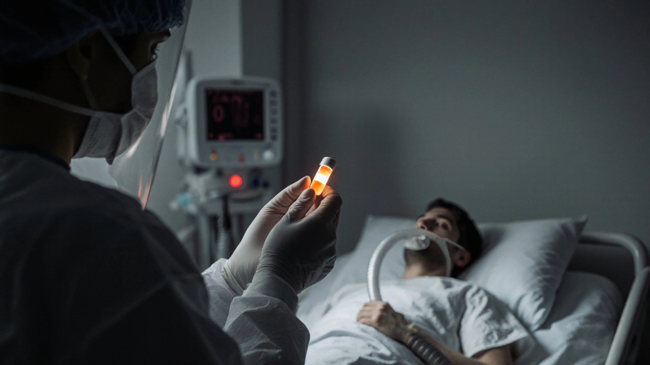 Clinician holding an oseltamivir capsule in a hospital room beside a ventilated patient.