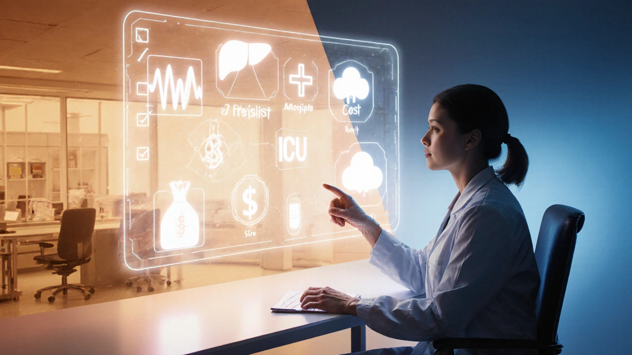 Clinician reviewing a holographic checklist of safety, cost, and administration icons.