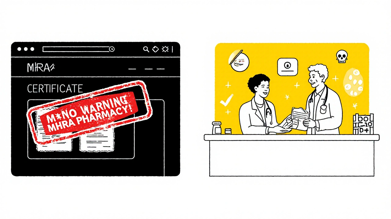 Contrasting image of risky online pharmacy vs. safe licensed pharmacy with doctor.