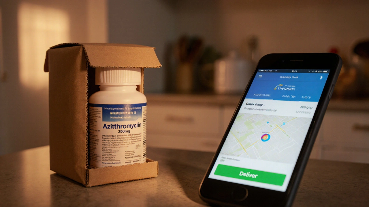 Delivered box showing a generic azithromycin bottle and phone tracking app on a kitchen counter.
