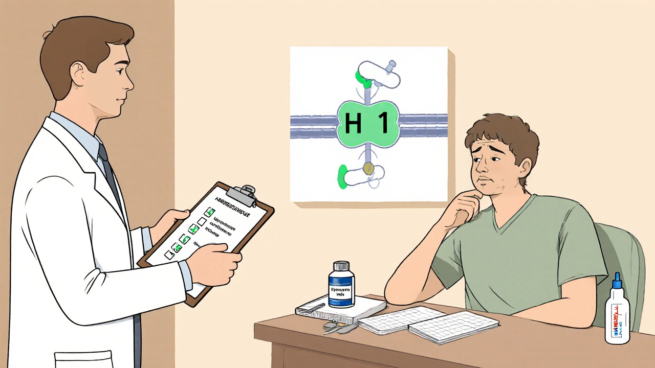 Doctor and patient discuss antihistamine allergy with medical charts and rescue kit.