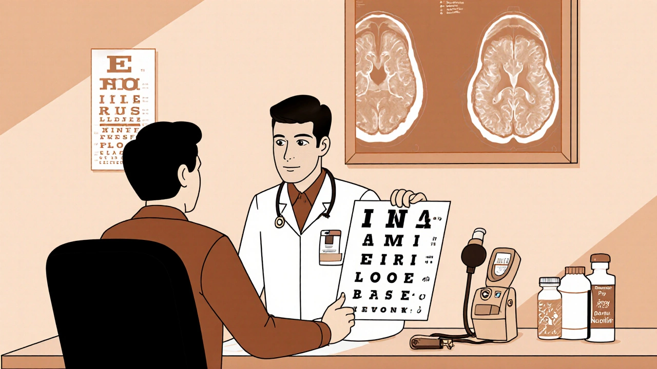 Doctor checking vision with eye chart and color plates while MRI image and monitoring tools appear in background.
