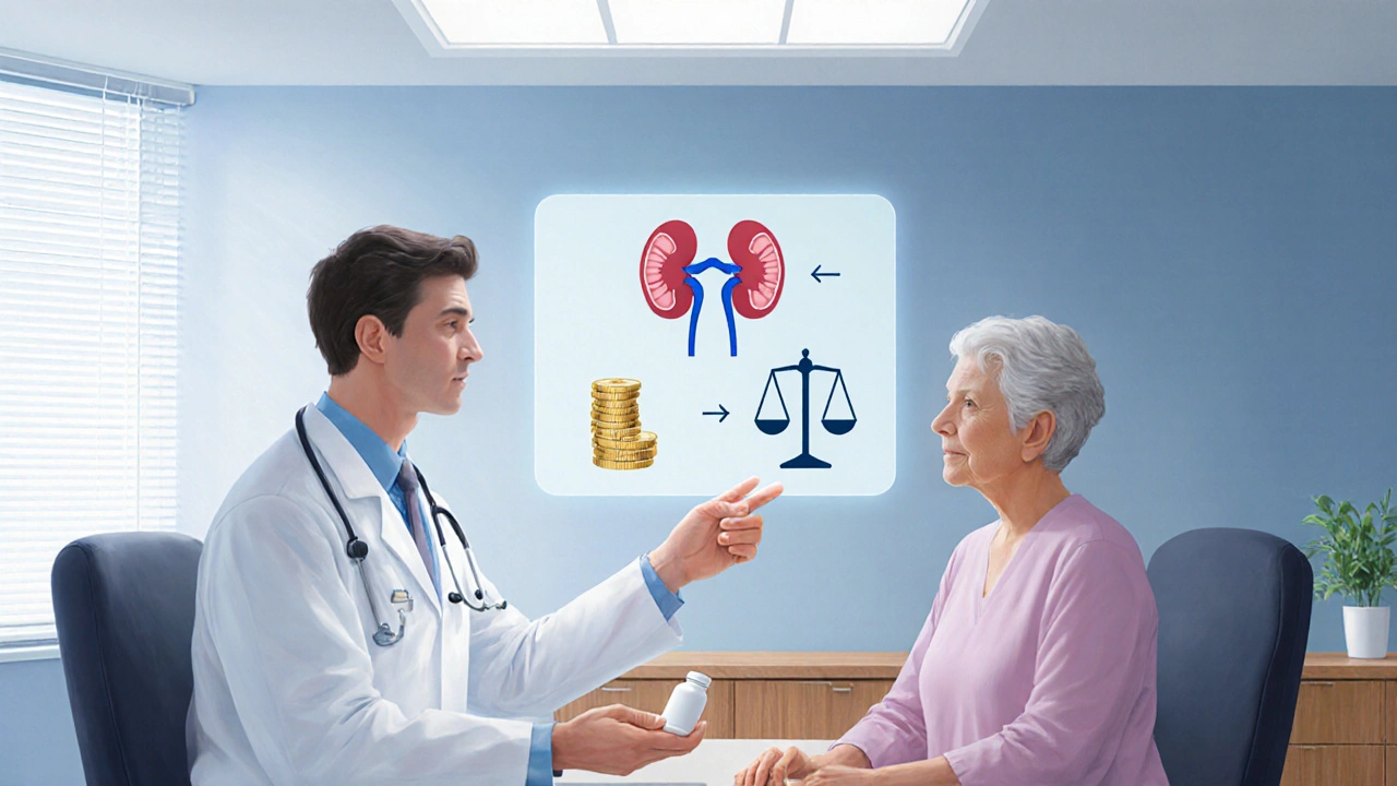 Doctor discussing medication options with patient, showing kidney and cost icons.