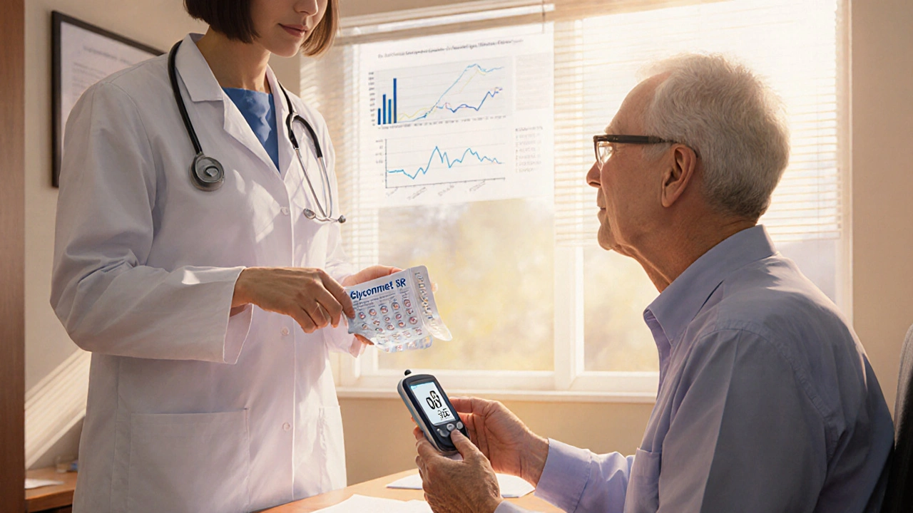 Doctor showing Glycomet SR to a patient who holds a glucose meter in a bright consultation room.