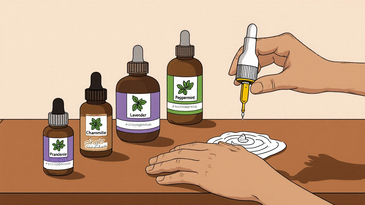 Essential‑oil bottles and hands mixing and massaging a blend onto the belly.