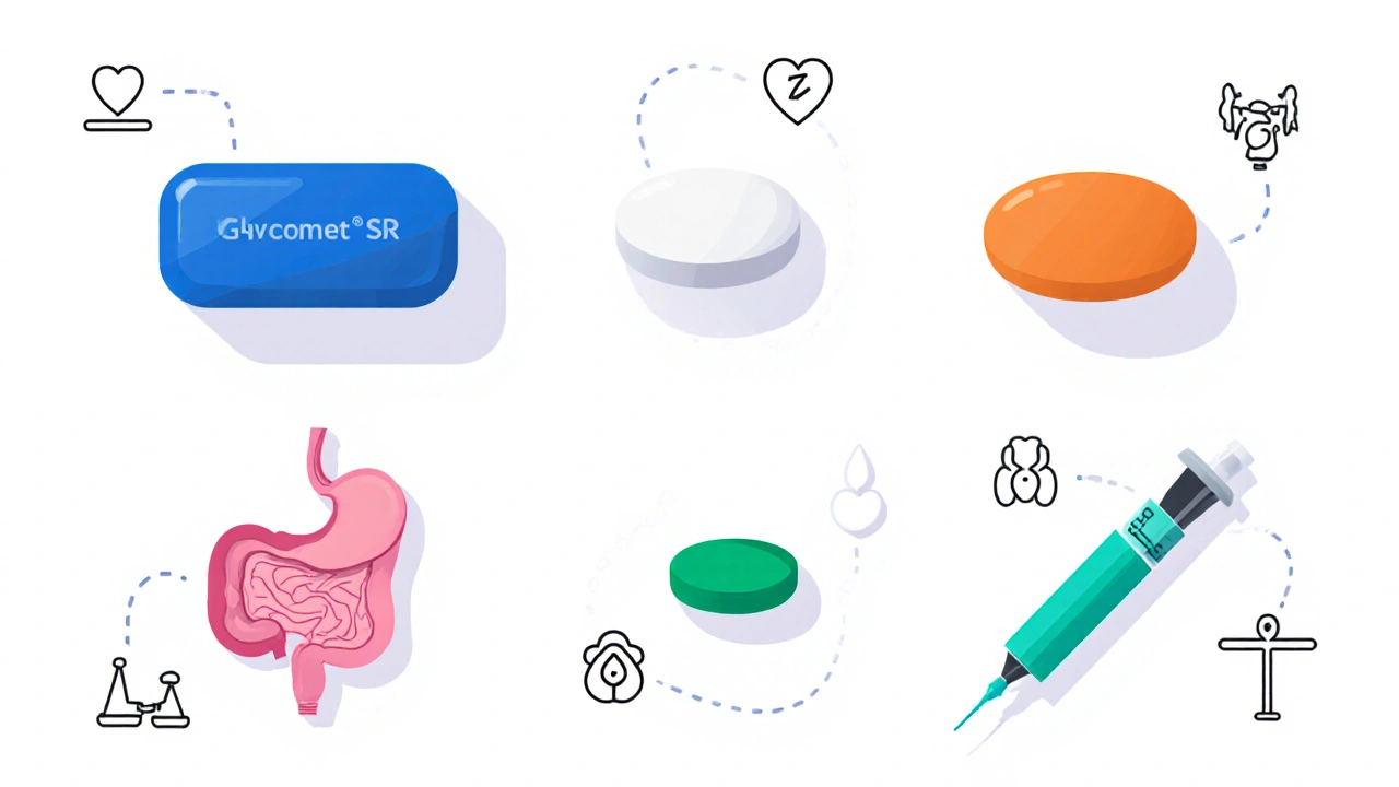 Flat‑lay of diabetes pills and an injection pen with icons for GI, heart, kidney, weight, and urinary effects.