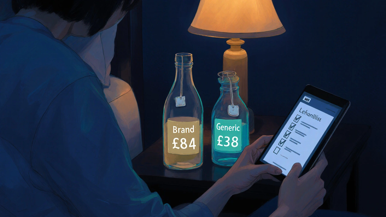 Home scene showing brand and generic medication bottles with price tags.