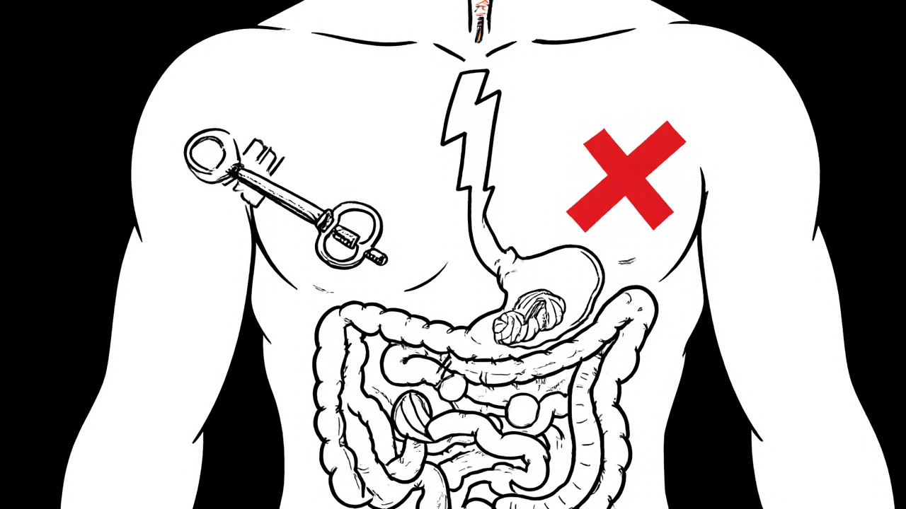 Human body with internal parasites being treated by albendazole and praziquantel, natural remedies crossed out