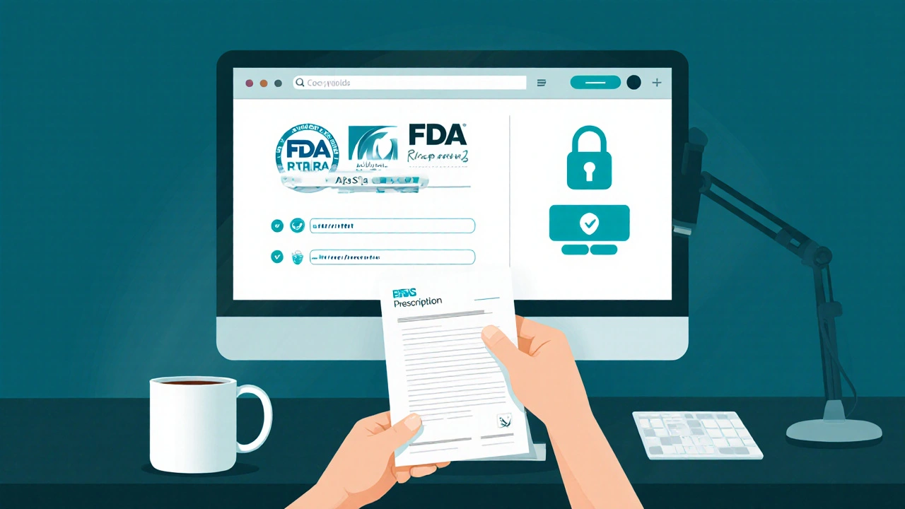 Illustration of a user checking online pharmacy credentials and uploading a prescription.