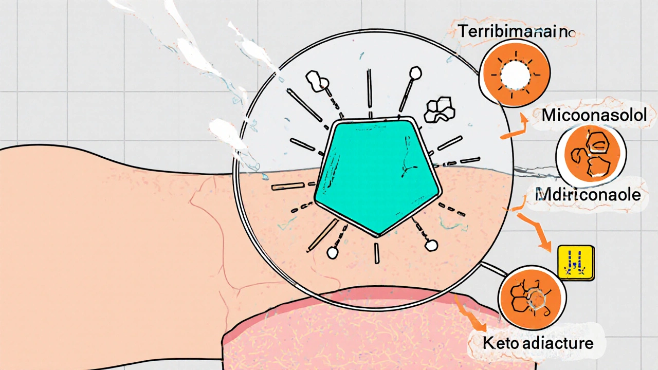 Line art cross‑section showing a fungus cell being destroyed by a Terbinafine molecule with other antifungal icons labeled.