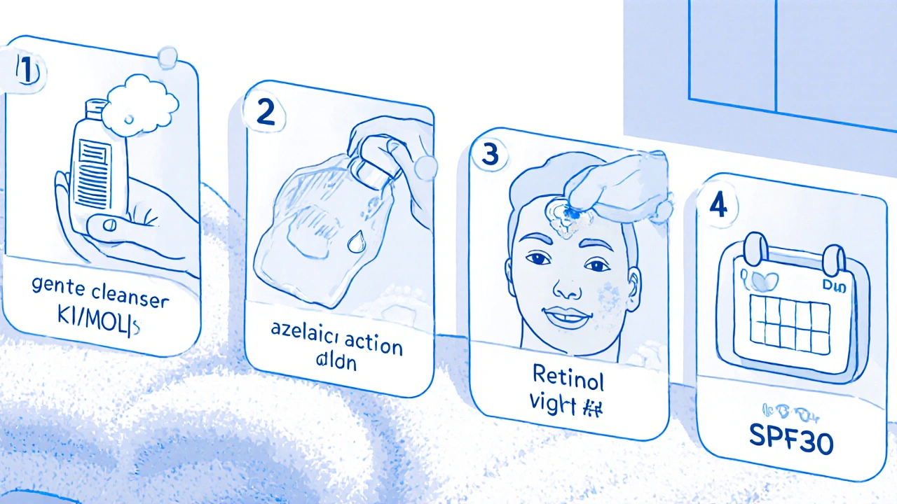 Nighttime skincare steps: cleanser, Azelaic Acid, moisturizer, Retinol, and sunscreen icon.