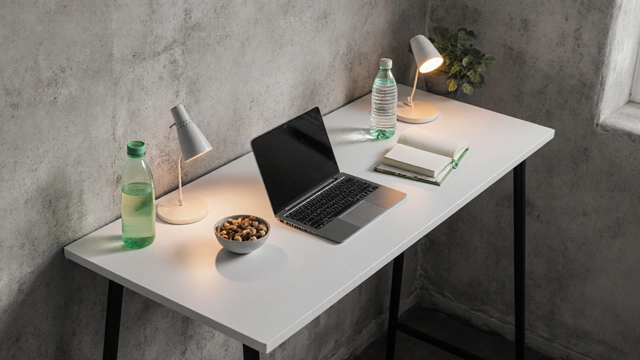 Organized study nook with green‑accented water bottle, snack, and peppermint plant.