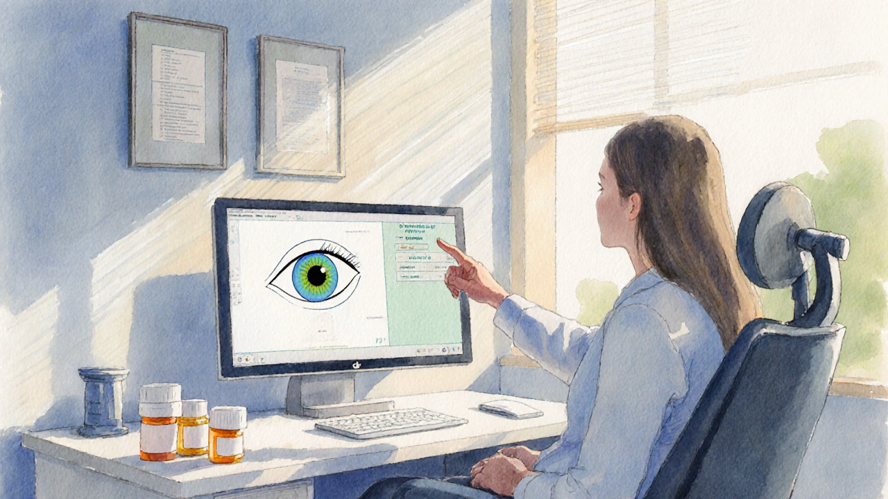 Patient and doctor discussing eye treatment in a sunlit exam room.