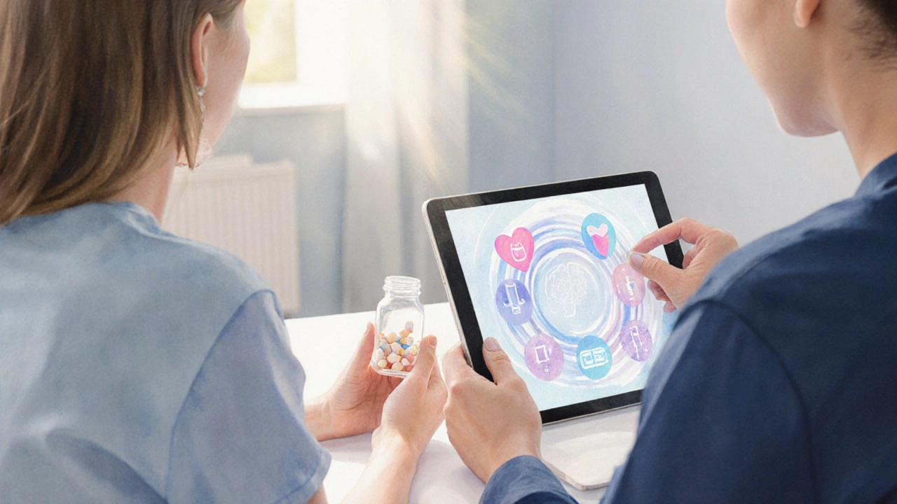 Patient and doctor discussing medication in a bright clinic, with pastel icons of heart, scale, brain.