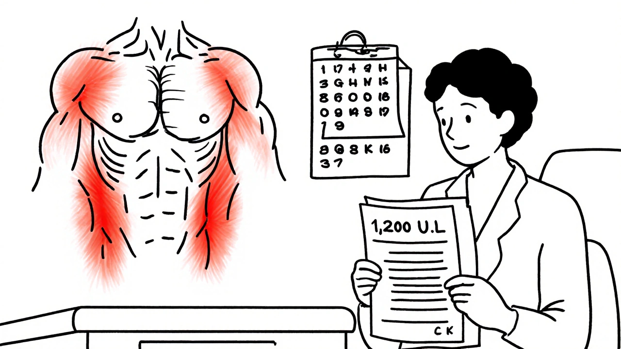 Patient and doctor reviewing blood test showing high CK levels with glowing inflamed muscle areas.