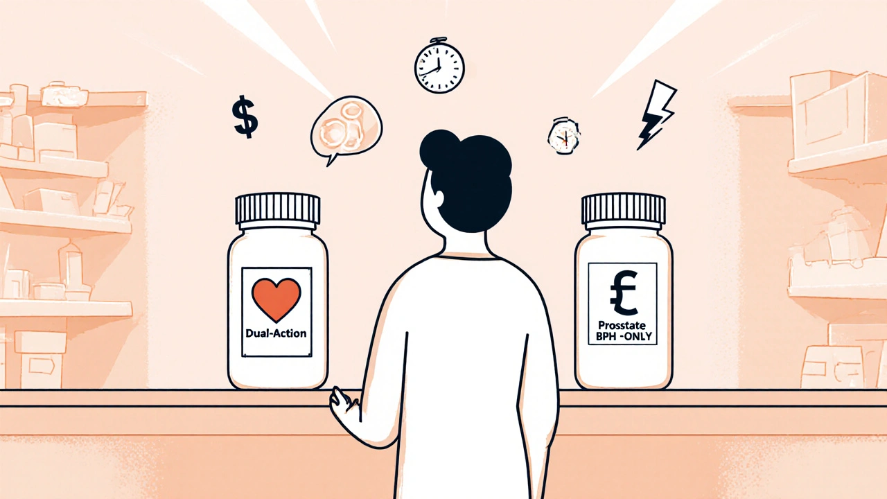 Patient chooses between dual‑action and BPH‑specific pill bottles at pharmacy.