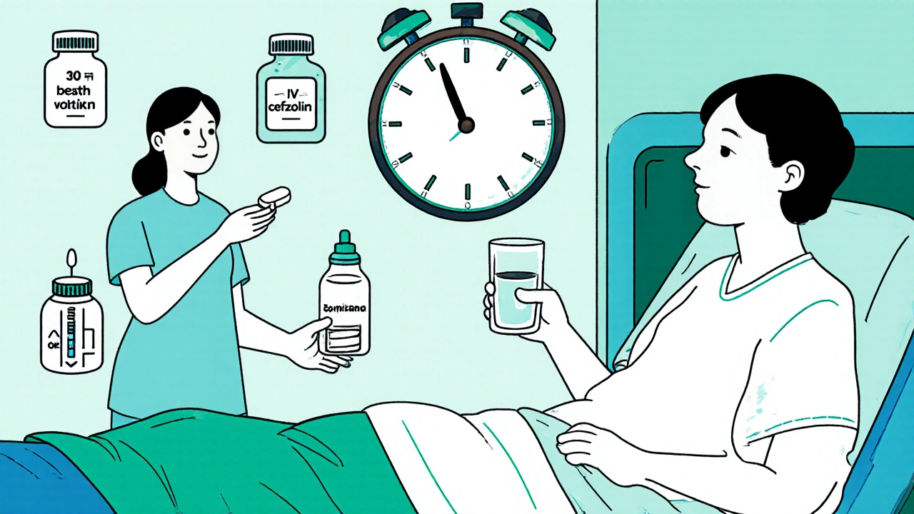 Patient taking a cephalexin tablet while a clock shows 30 minutes before surgery.