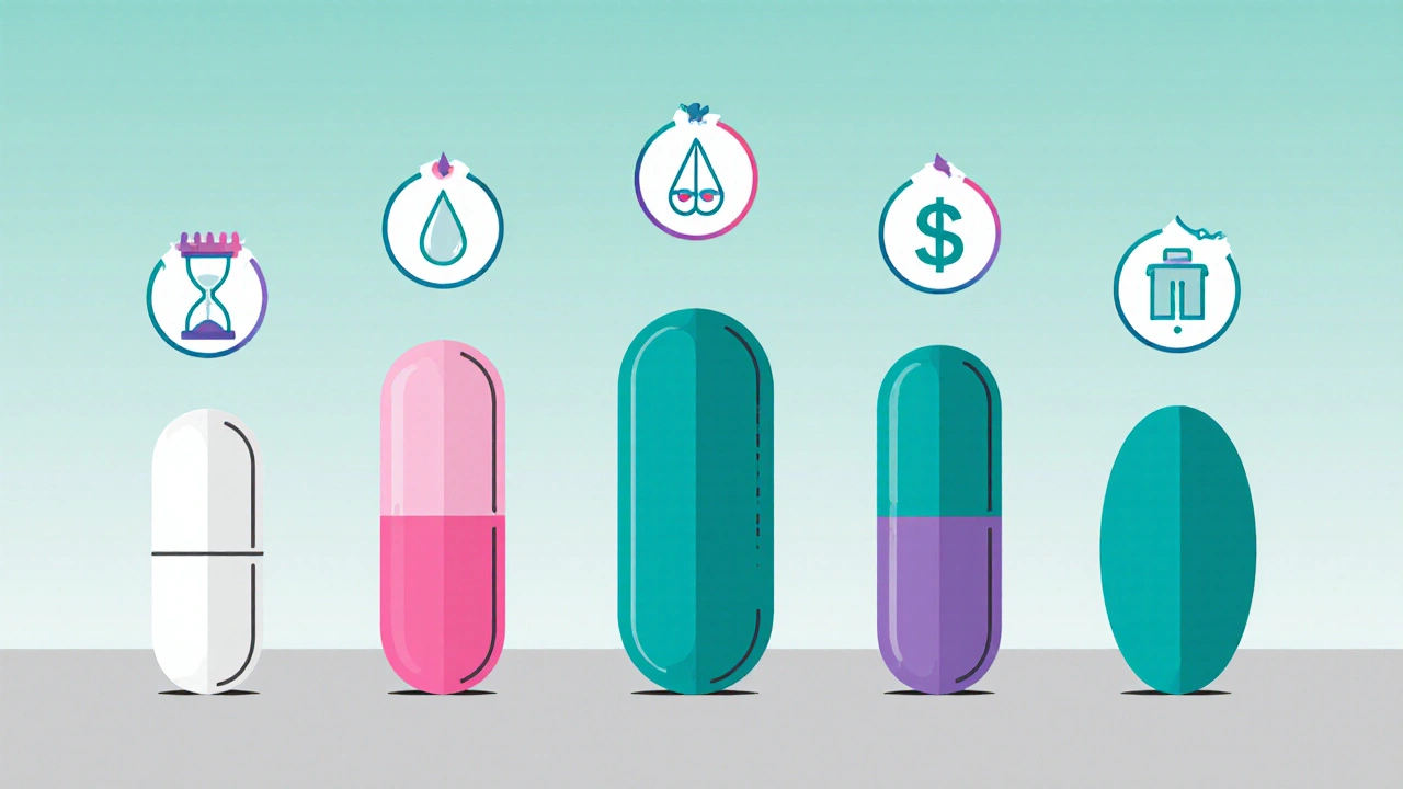 Row of diabetes pills with icons for risk, weight, cost, and kidney safety.