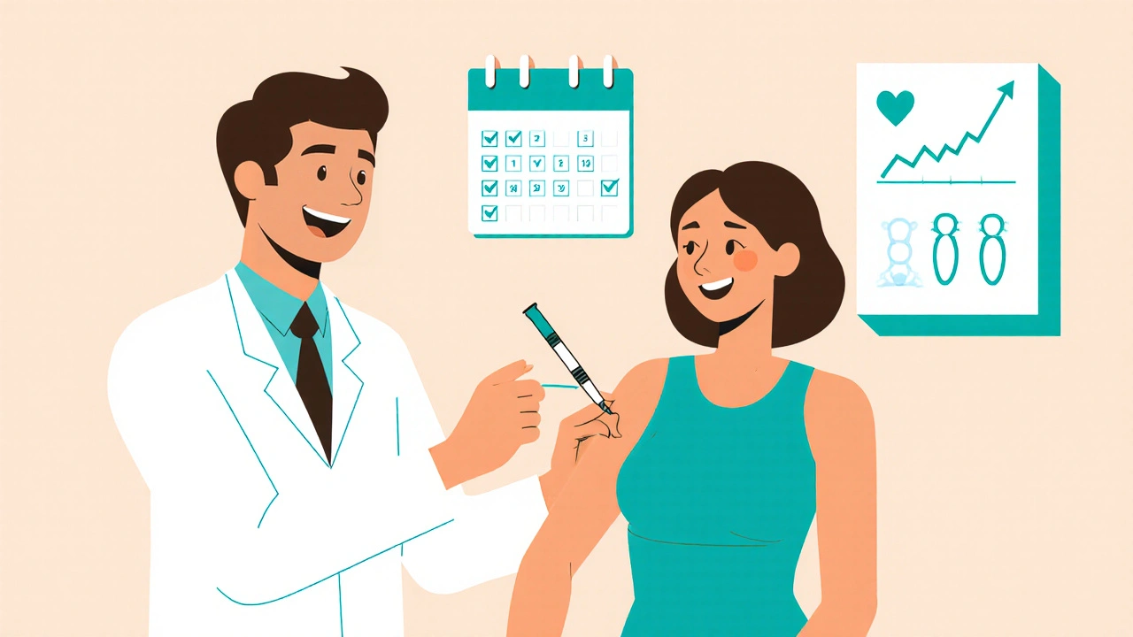 Scene of a doctor giving an injection pen to a patient with a calendar and bone scan for monitoring.