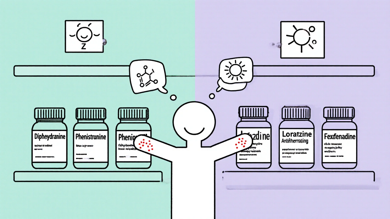 Shelves of first‑ and second‑generation antihistamines with a rash figure illustrating cross‑reactivity.