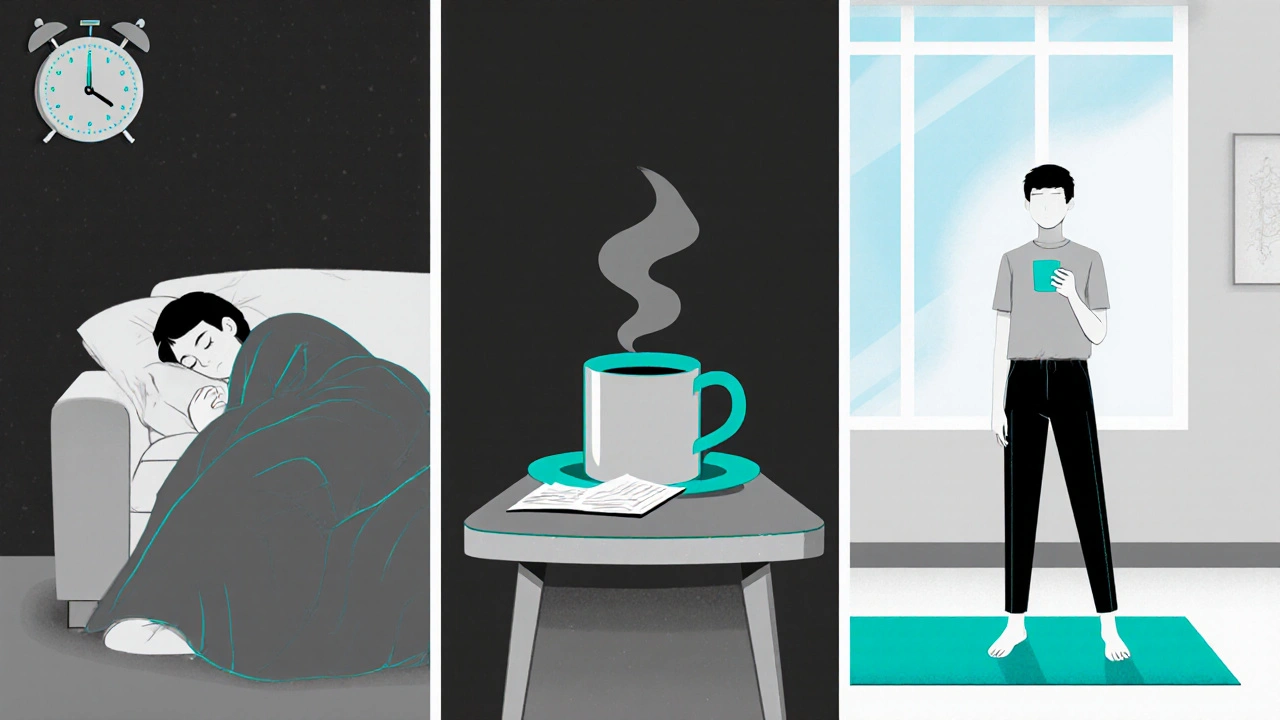Split scene of a student napping, drinking coffee, then stretching in blue light.
