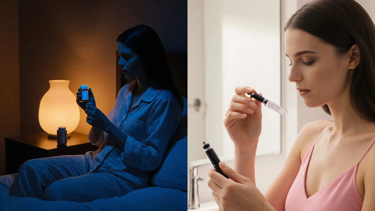 Split scene: woman taking nightly pill in bedroom, another preparing injection before a date.