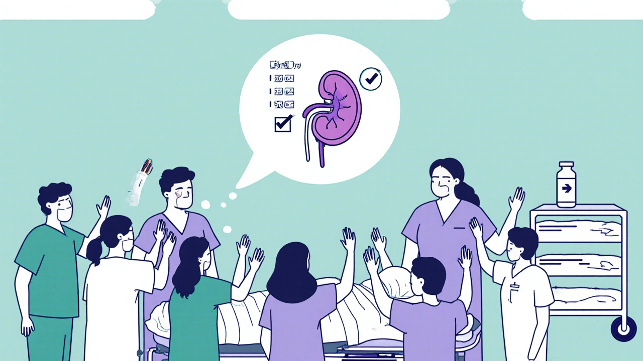 Surgical team performing a time‑out with kidney function check and reduced cephalexin dose.