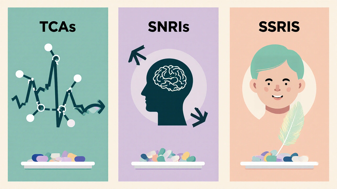 Three panel illustration comparing TCAs, SNRIs, SSRIs with symbolic icons and colored pills.