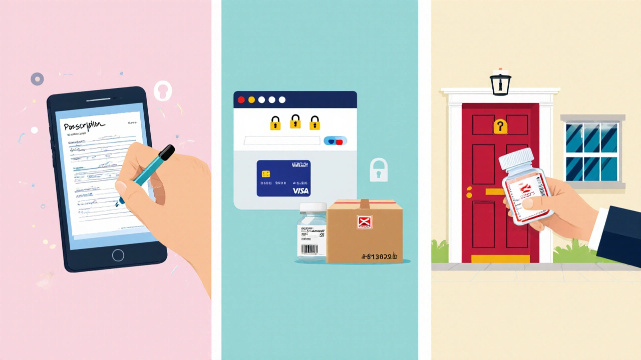Three-panel illustration of prescription scan, secure payment, and parcel delivery.