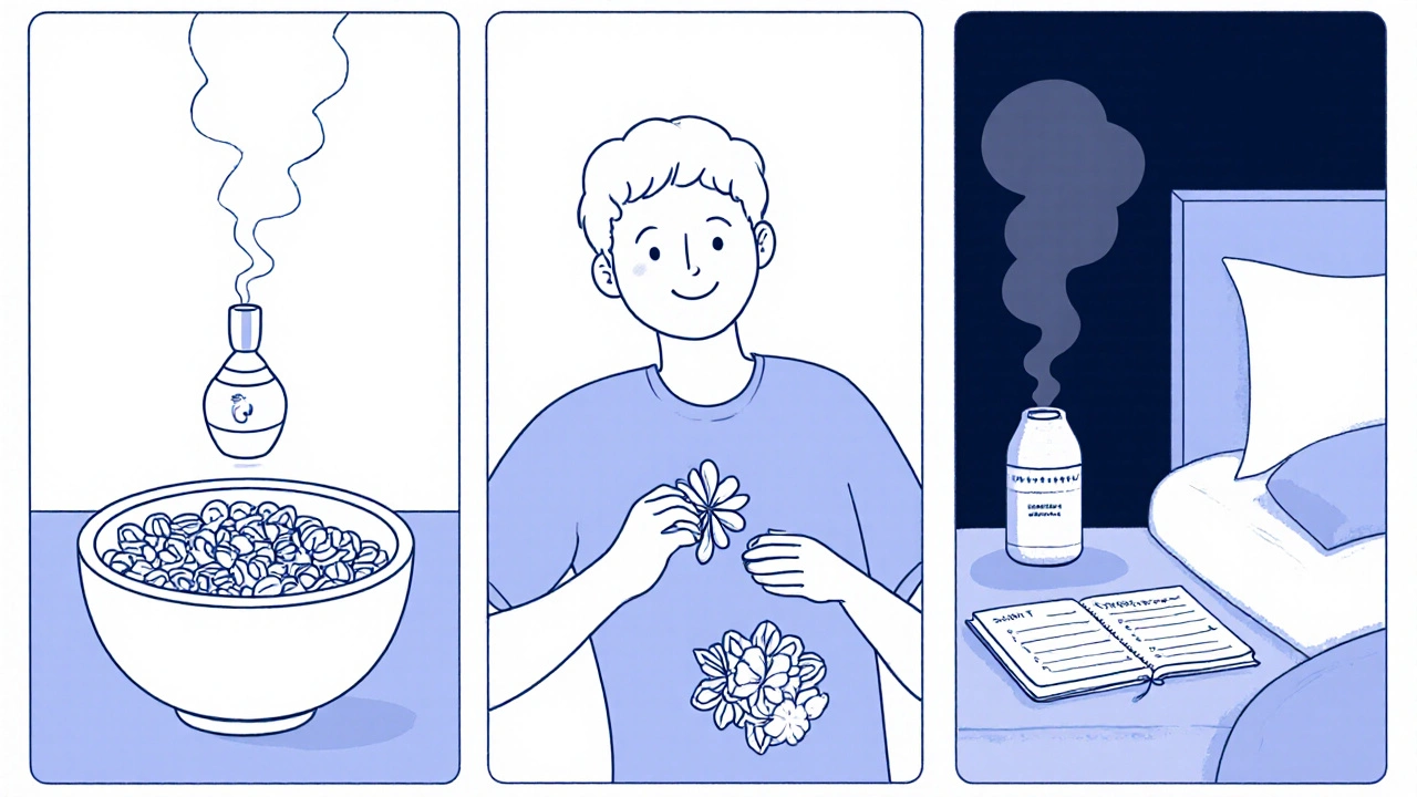 Three‑panel routine: lavender breakfast, peppermint belly massage, frankincense bedtime.