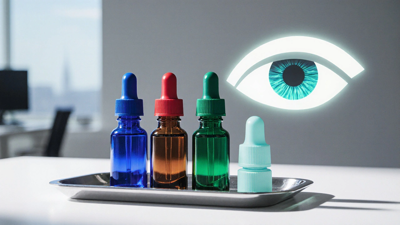 Tray of five ophthalmic drop bottles with colored caps beside a glowing eye silhouette.
