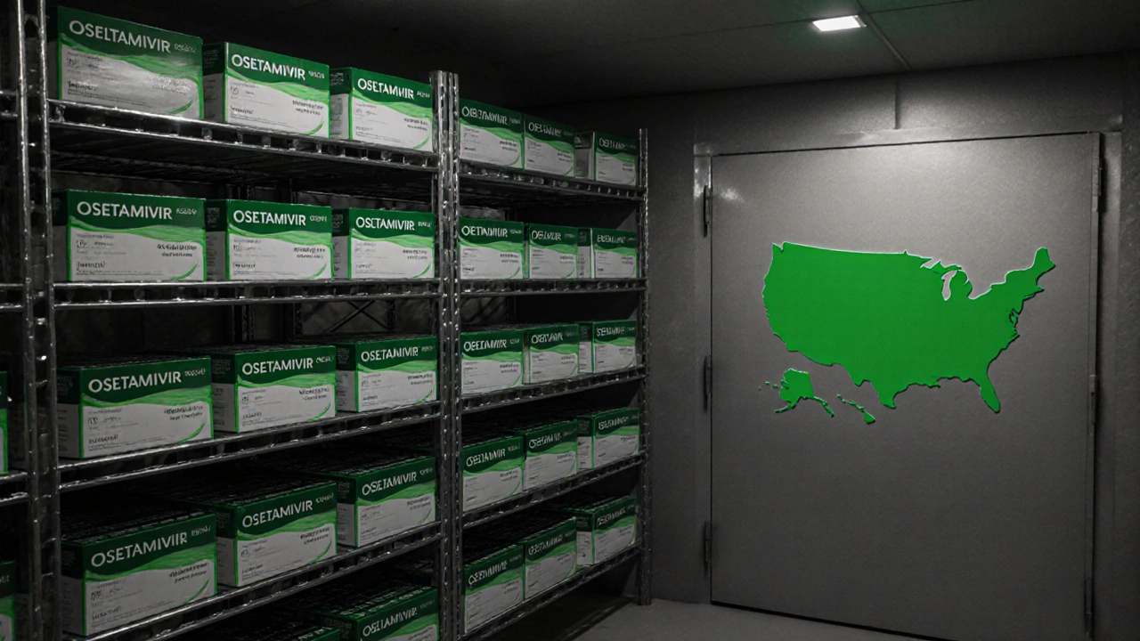 Vault interior showing stacked oseltamivir boxes with a subtle US map outline.