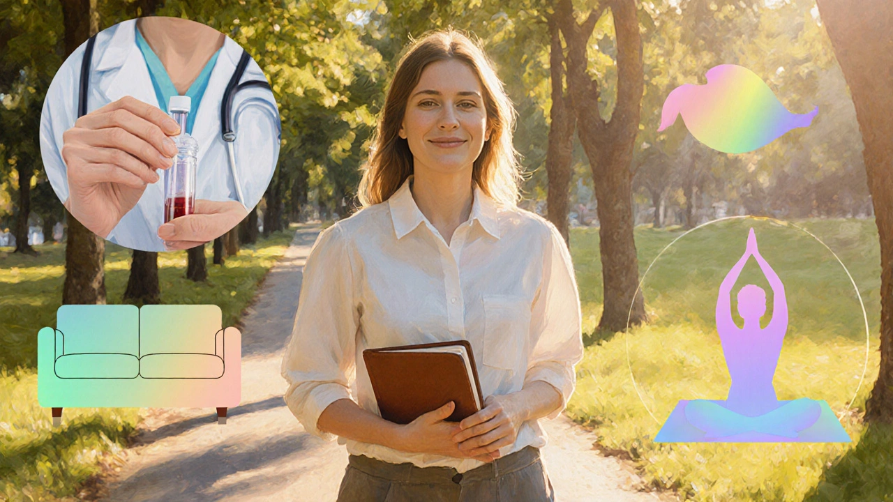 Woman walking in a park holding a journal, with subtle overlays of lab, therapy couch, and gym.