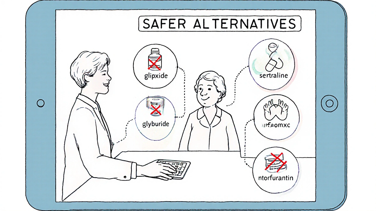 A pharmacist guiding an older adult through a flowchart of safer medication options.