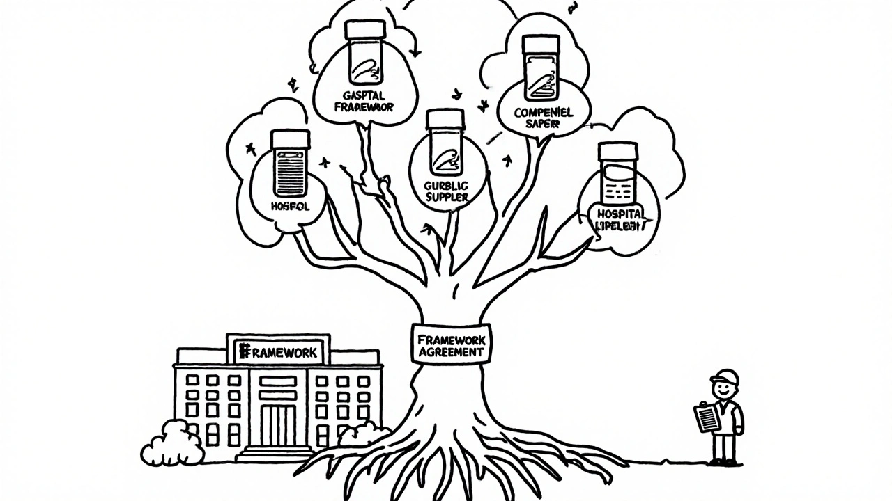 A tree with five supplier branches rooted in a framework agreement, supplying a hospital in line art.