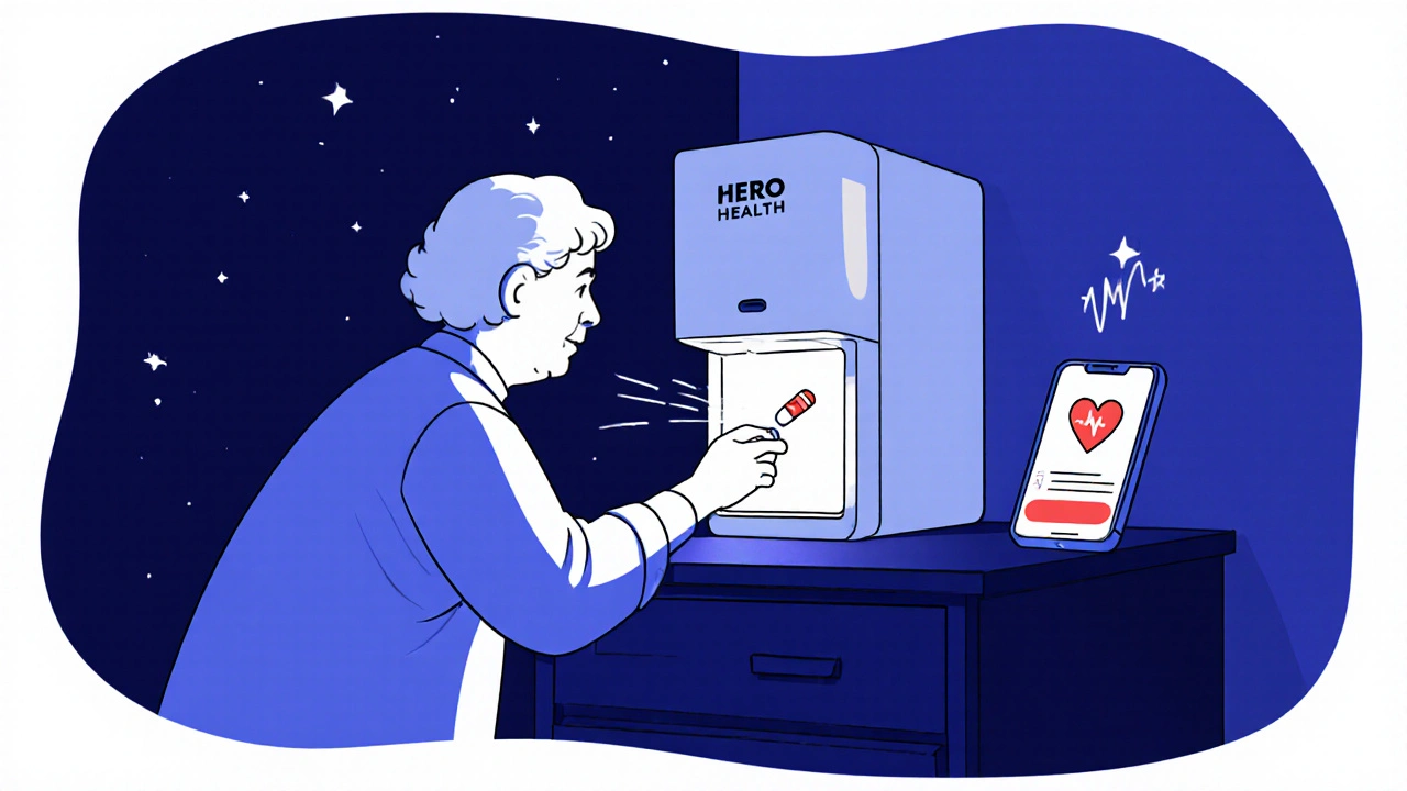 Automatic pill dispenser flashing lights at night as a woman takes medication and a caregiver receives a text alert.