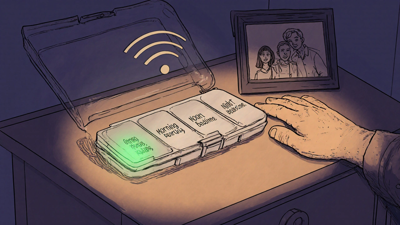 Cellular pillbox with one compartment glowing green beside a nightstand and family photo.