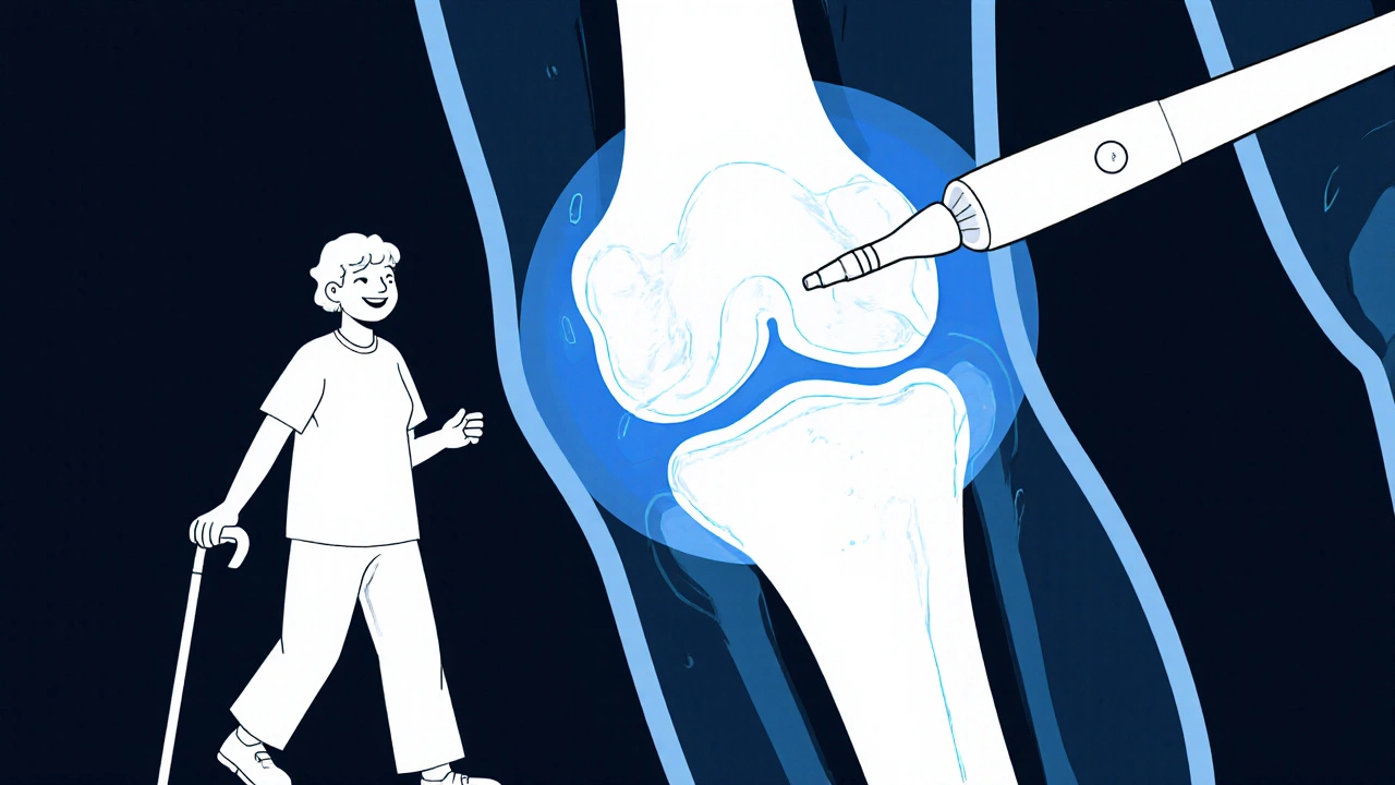Cooled RFA treatment on knee nerves with patient walking pain-free.