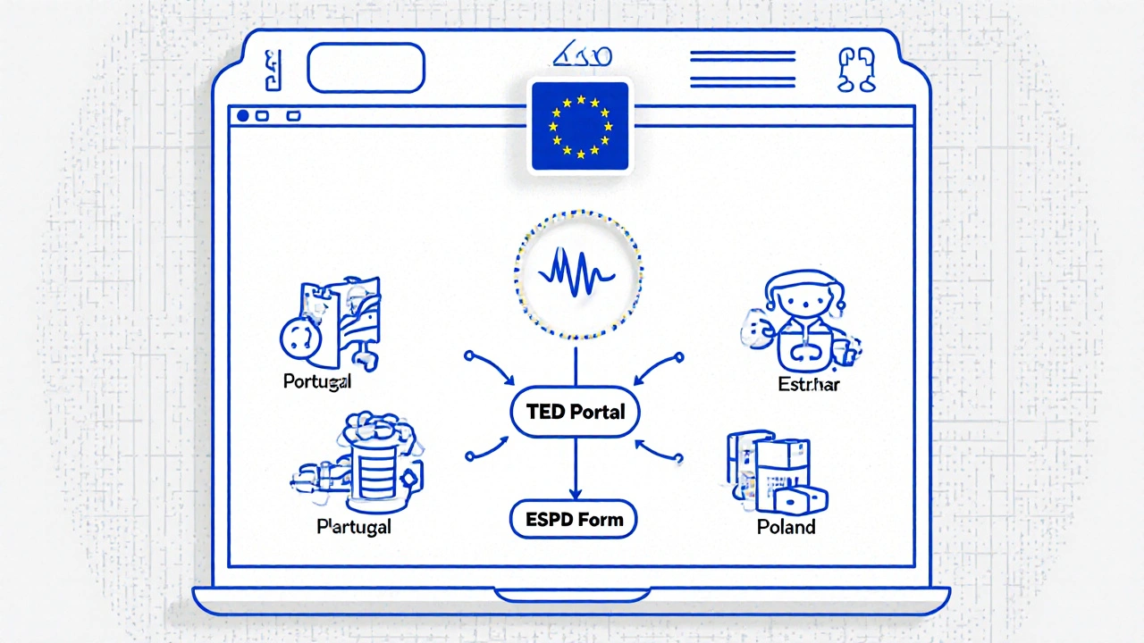 Digital marketplace screen showing EU suppliers submitting bids via TED and ESPD, in line art style.