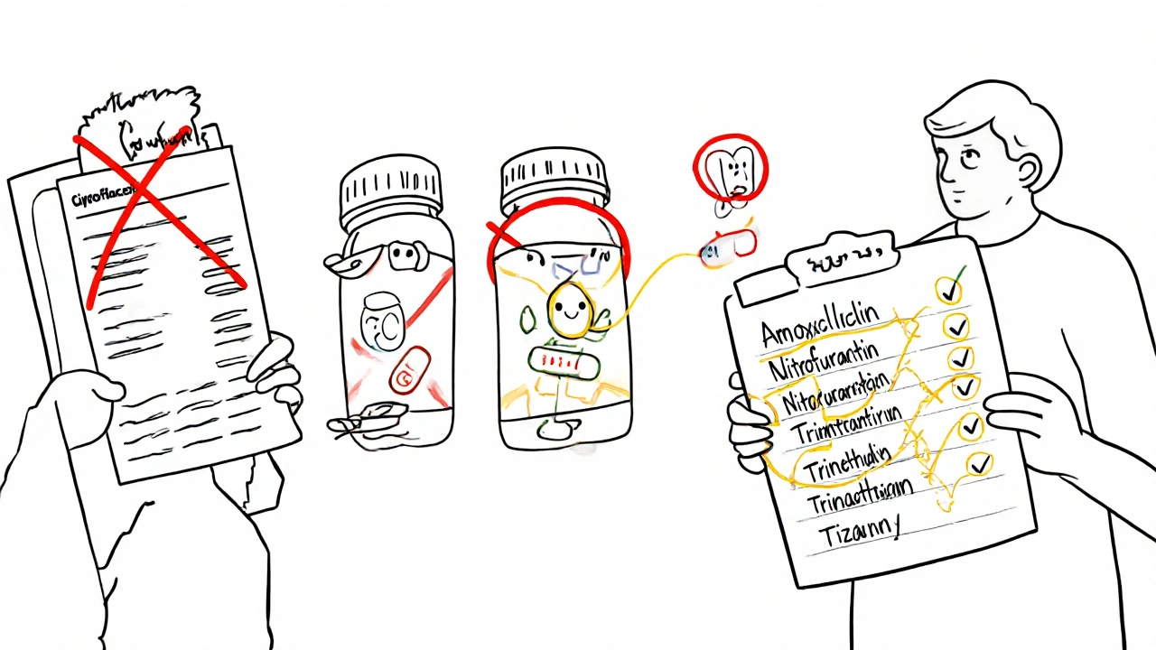 Doctor crossing out ciprofloxacin prescription, safer antibiotics shown with checkmarks, patient holding med list