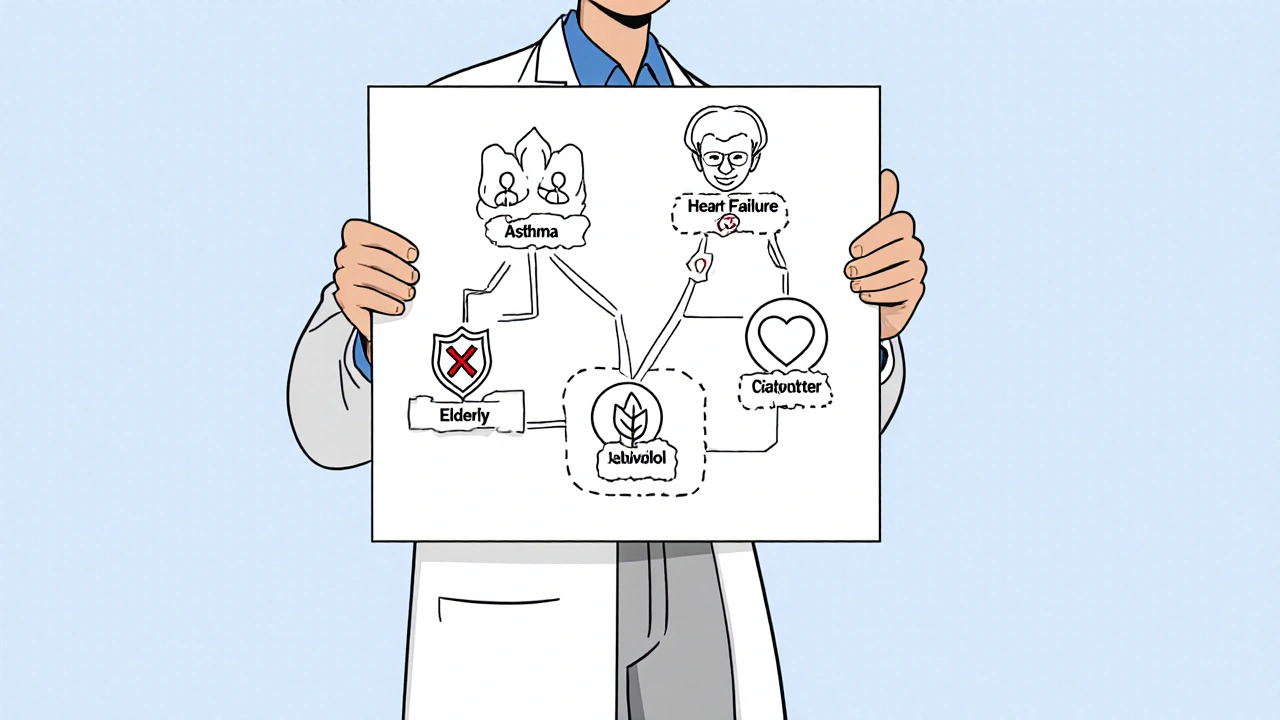 Doctor using a decision tree to choose the right beta-blocker based on patient conditions.