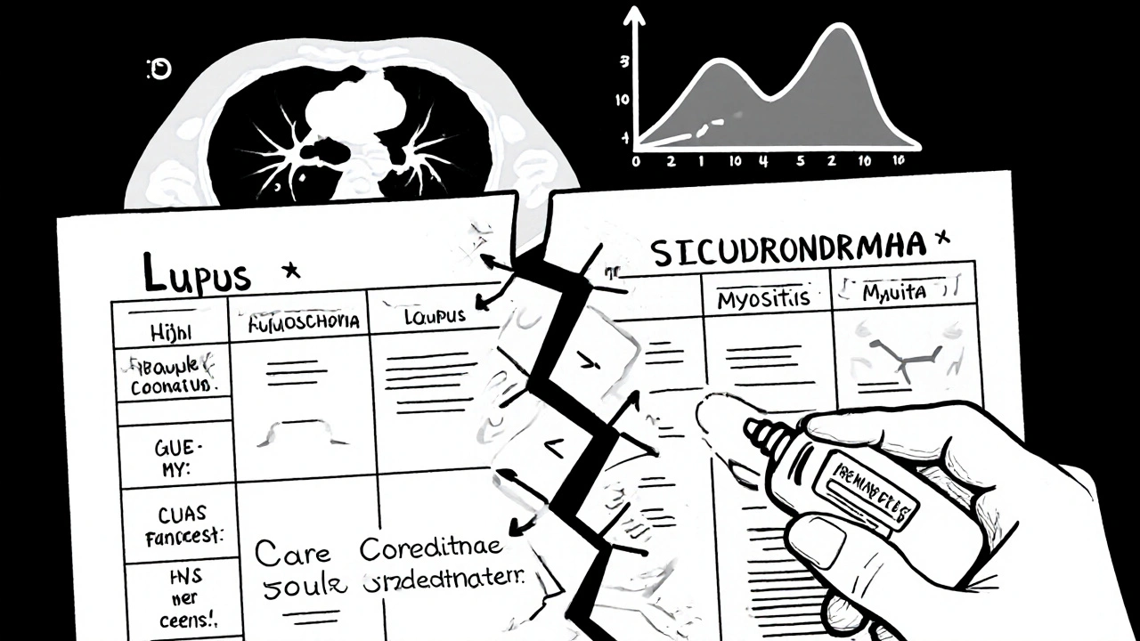 Fragmented medical chart being unified by a care coordinator with lung scan in background