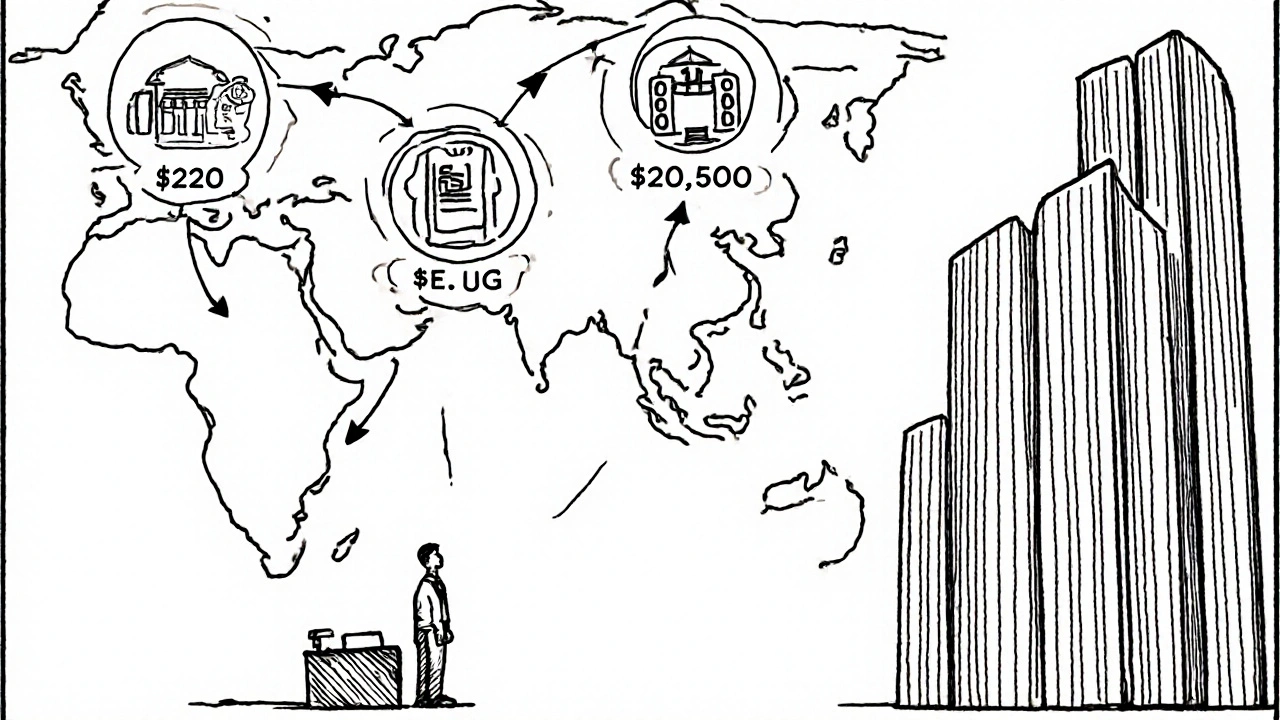 Global map with fee differences between U.S. and foreign drug facilities, and small vs. large companies.