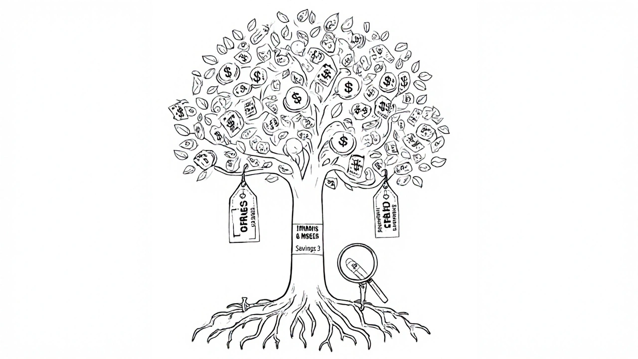 Healthcare system as a tree with expensive brand-name fruit falling away, while generic savings feed patient roots.