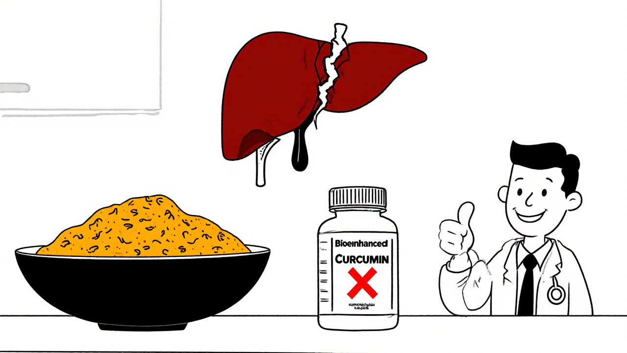 Kitchen scene with turmeric in food vs. banned supplement bottle marked with red X and damaged liver.