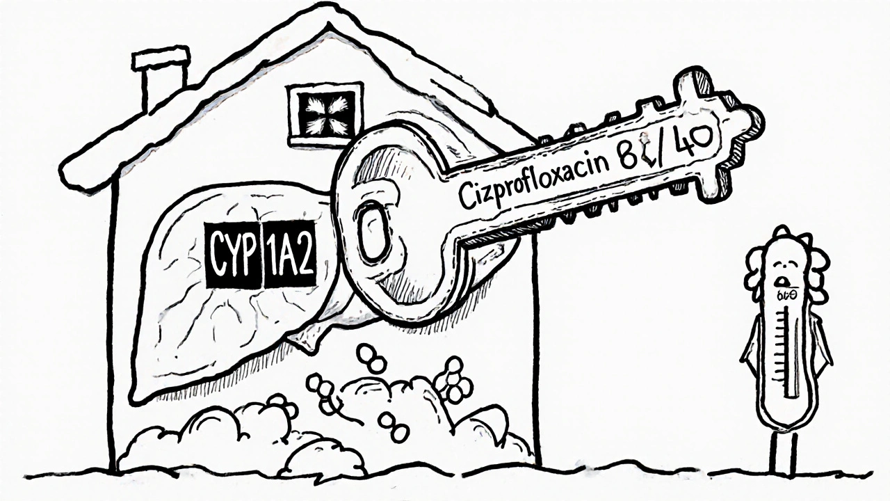 Liver house with blocked enzyme window, tizanidine molecules piling up, low blood pressure reading
